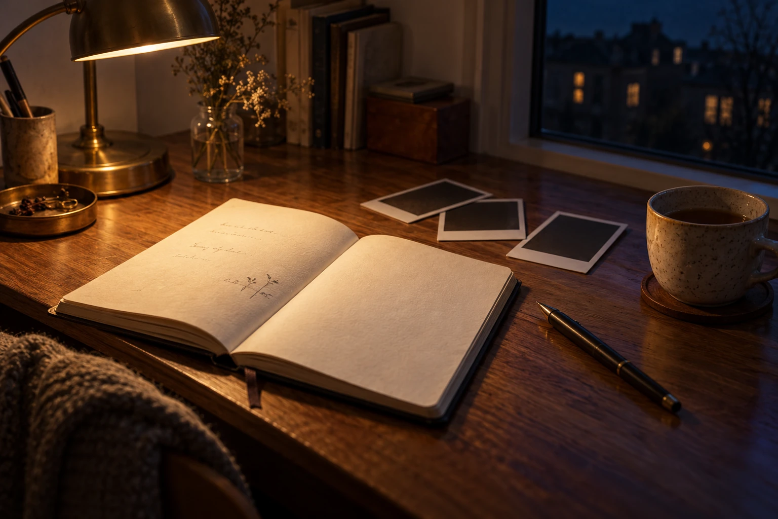 A notebook and photographs on a lamplit desk — AI editorial illustration